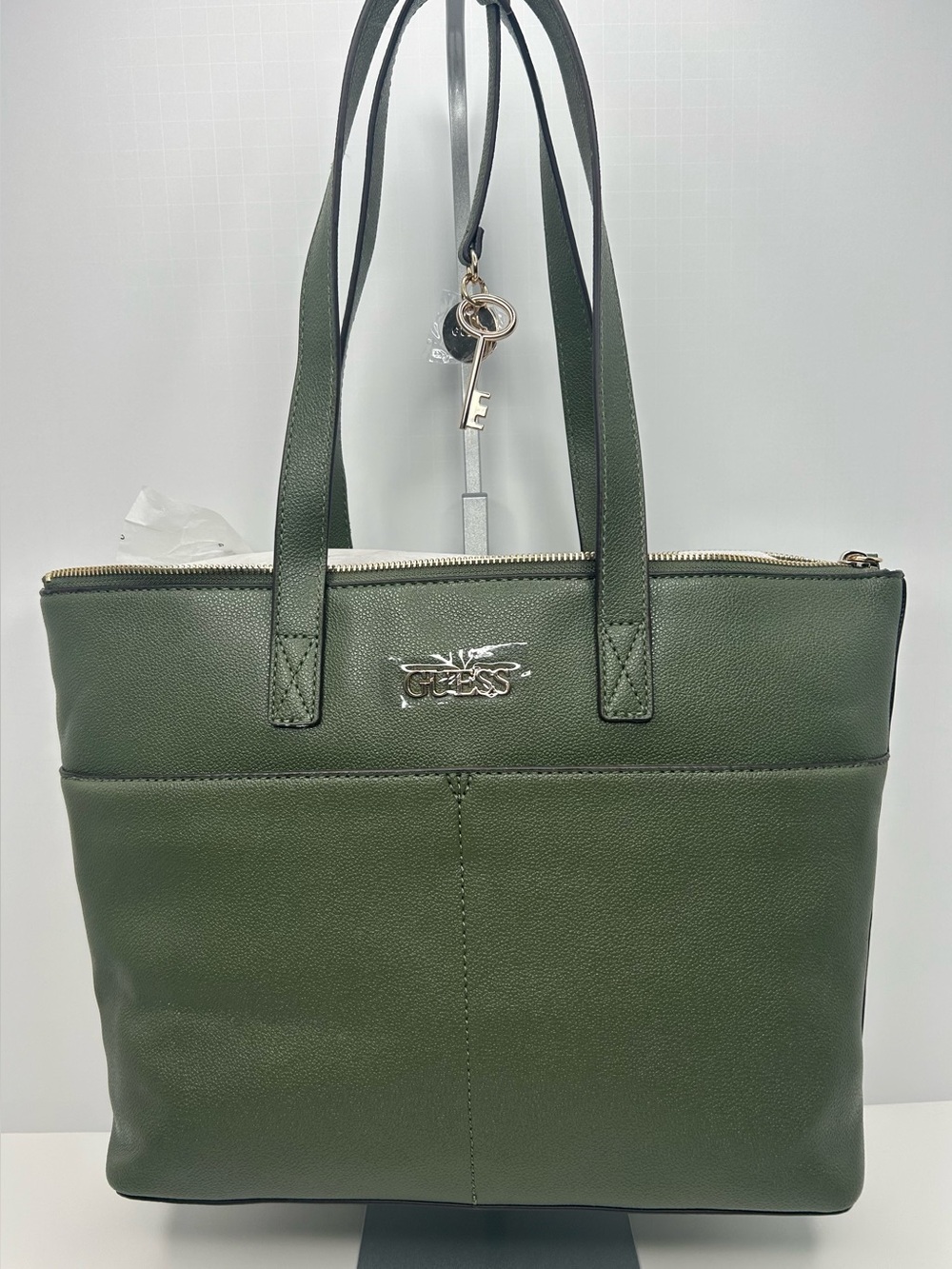 GUESS Azulena Extra-Large Tote Bag; Olive Green Tote with Key Charm